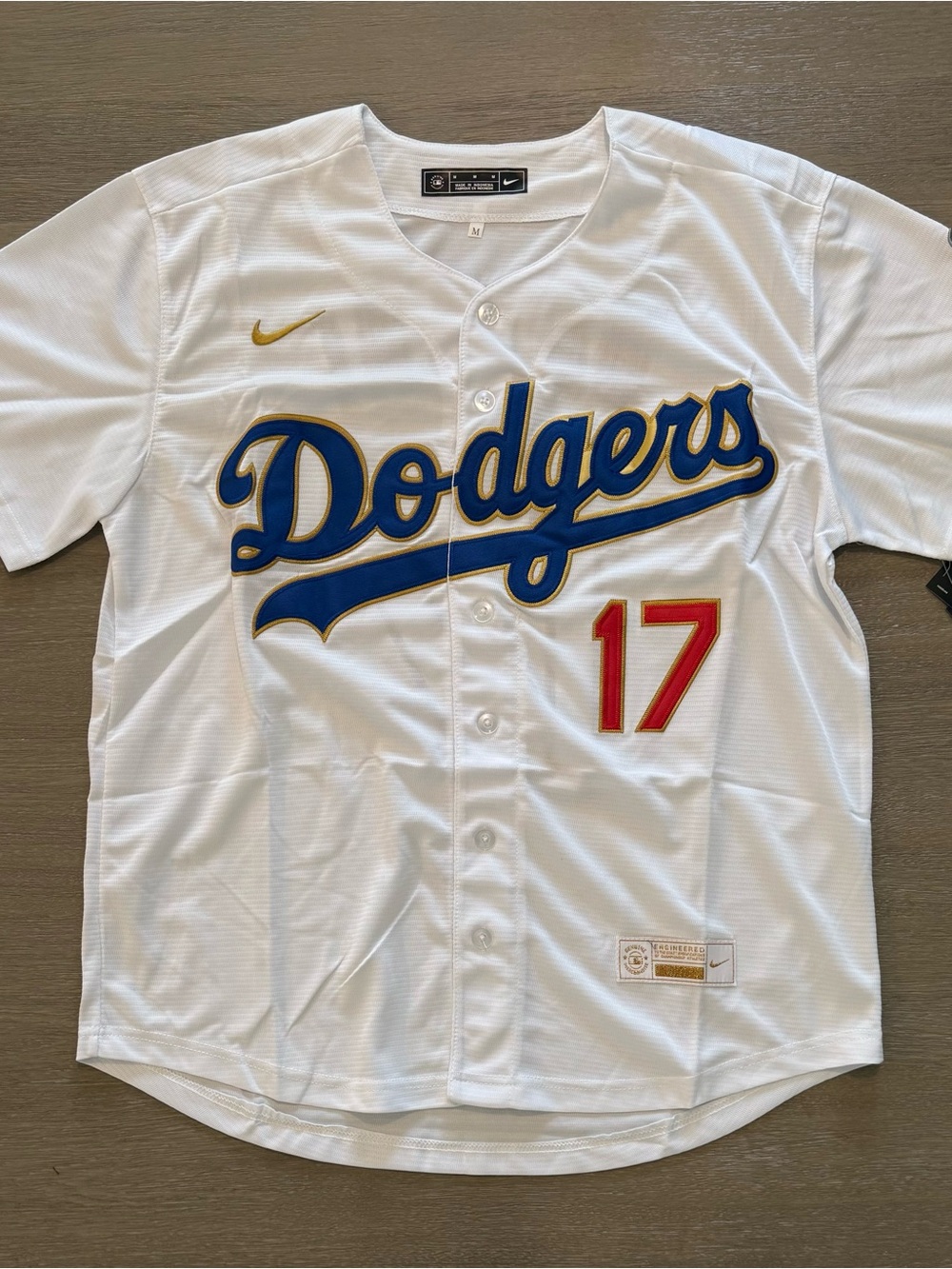 Nike Dodgers Kids' White Baseball Jersey with Blue Script and Red Number 17